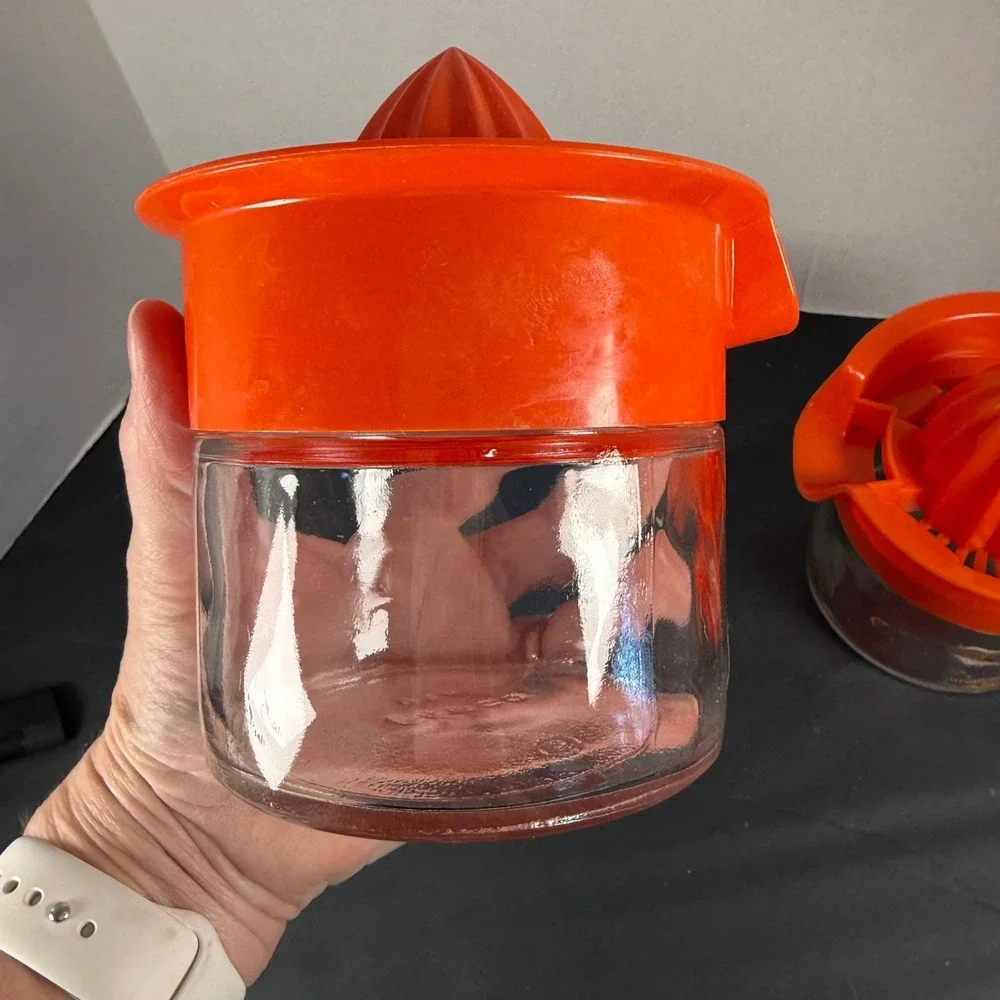 Vintage Orange Citrus Juicer Set 2 Glass Base Plastic Reamer Mid Century Retro